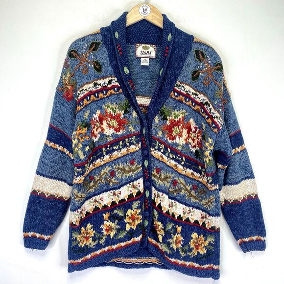 Vintage Tiara International Cardigan Sweater Womens M Floral Butterfly Boho 90s - Picture 1 of 12
